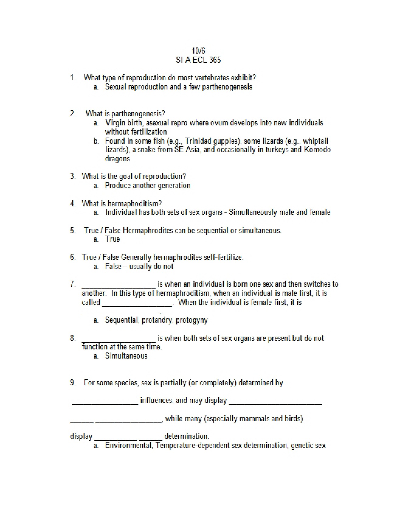 Answers to the Vertebrate Reproduction Worksheet