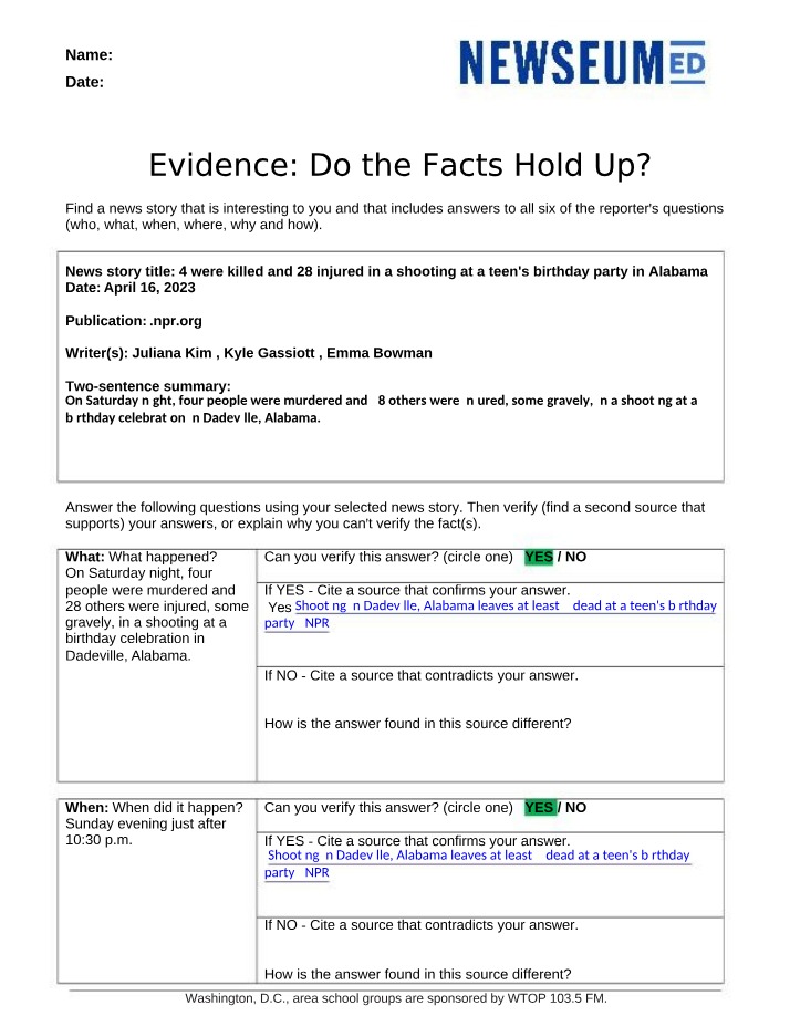 Worksheet for Evidence