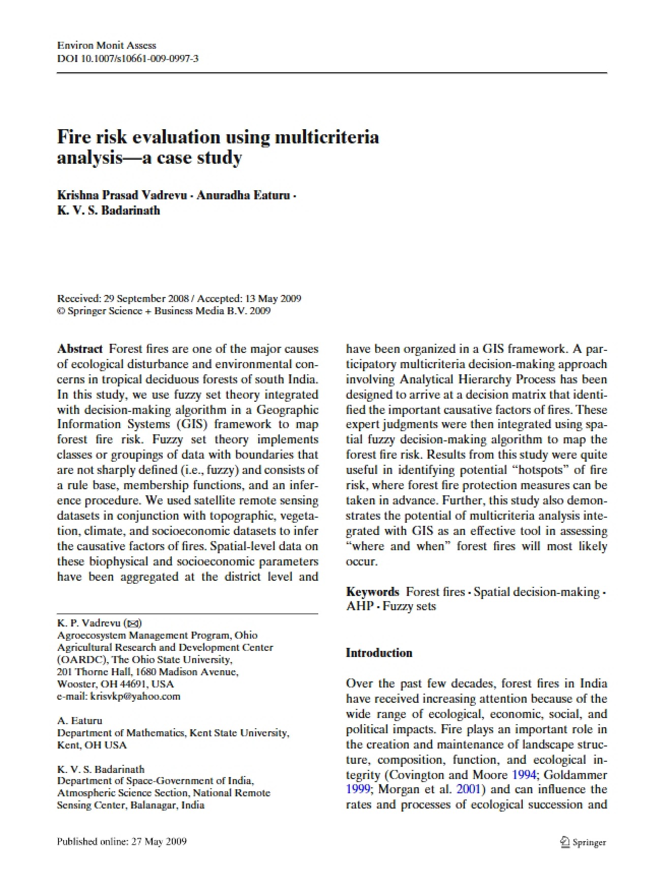 Evaluation of Fire Risk