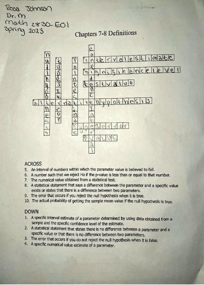 Definitions Crossword for Math 2830 Chapters 7-8