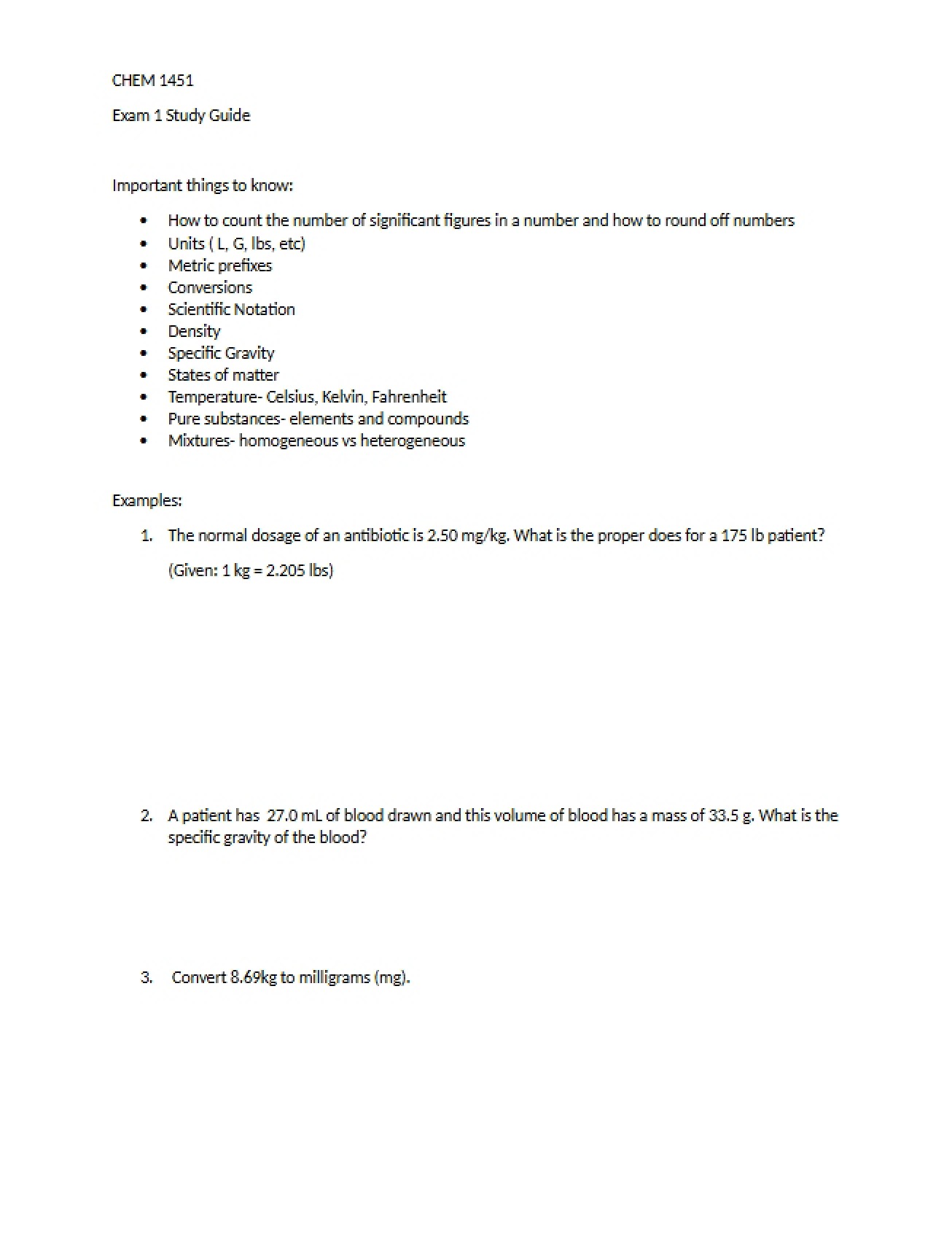 Study Guide Exam One (CHEM 1451)