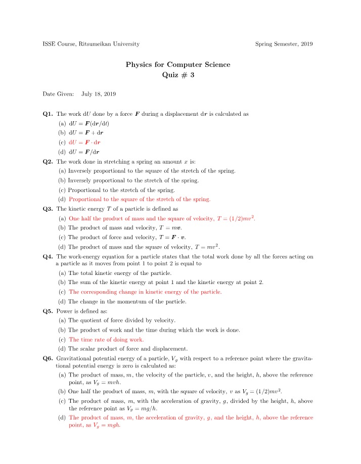 Work, Energy, and Physics for Computer Science Quiz