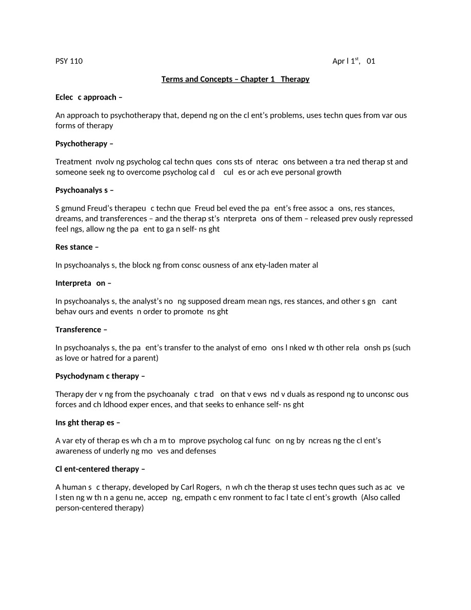 Chapter 15 Terms and Concepts - Therapy