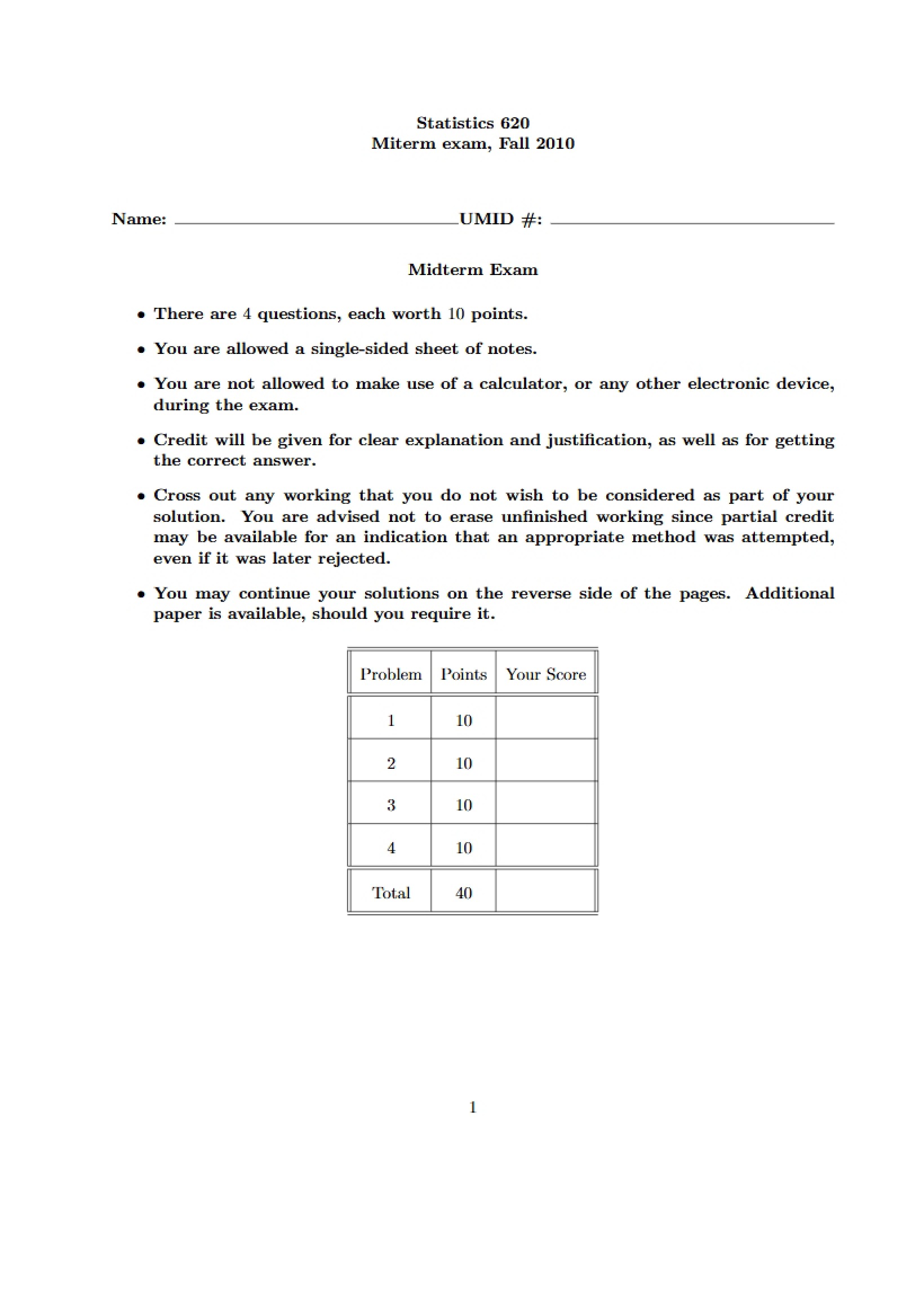 Midterm Exam Statistics 620