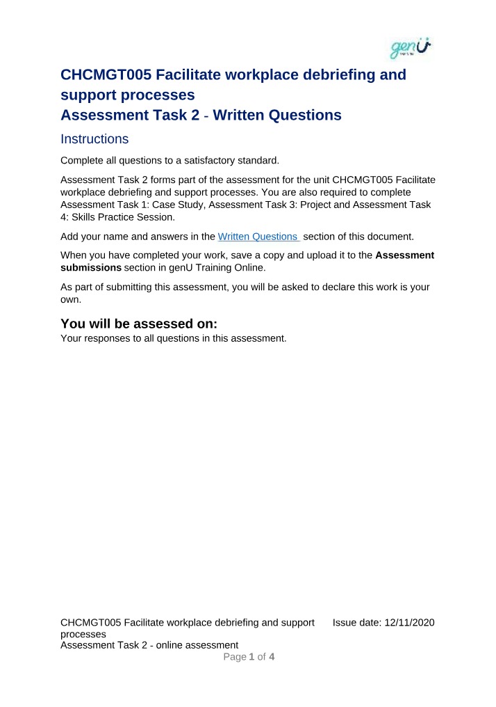 Workplace Debriefing and Support - Written Questions