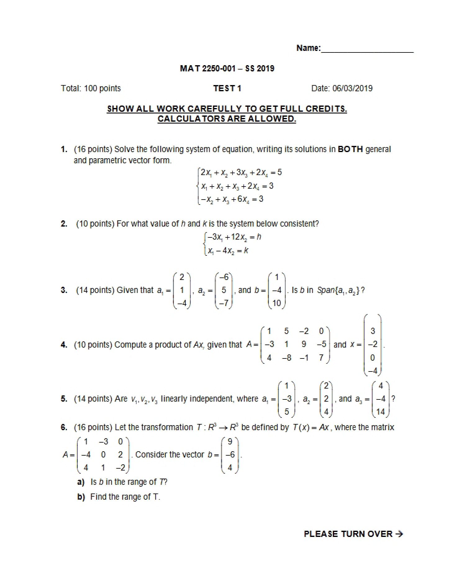 Test One MAT 2250