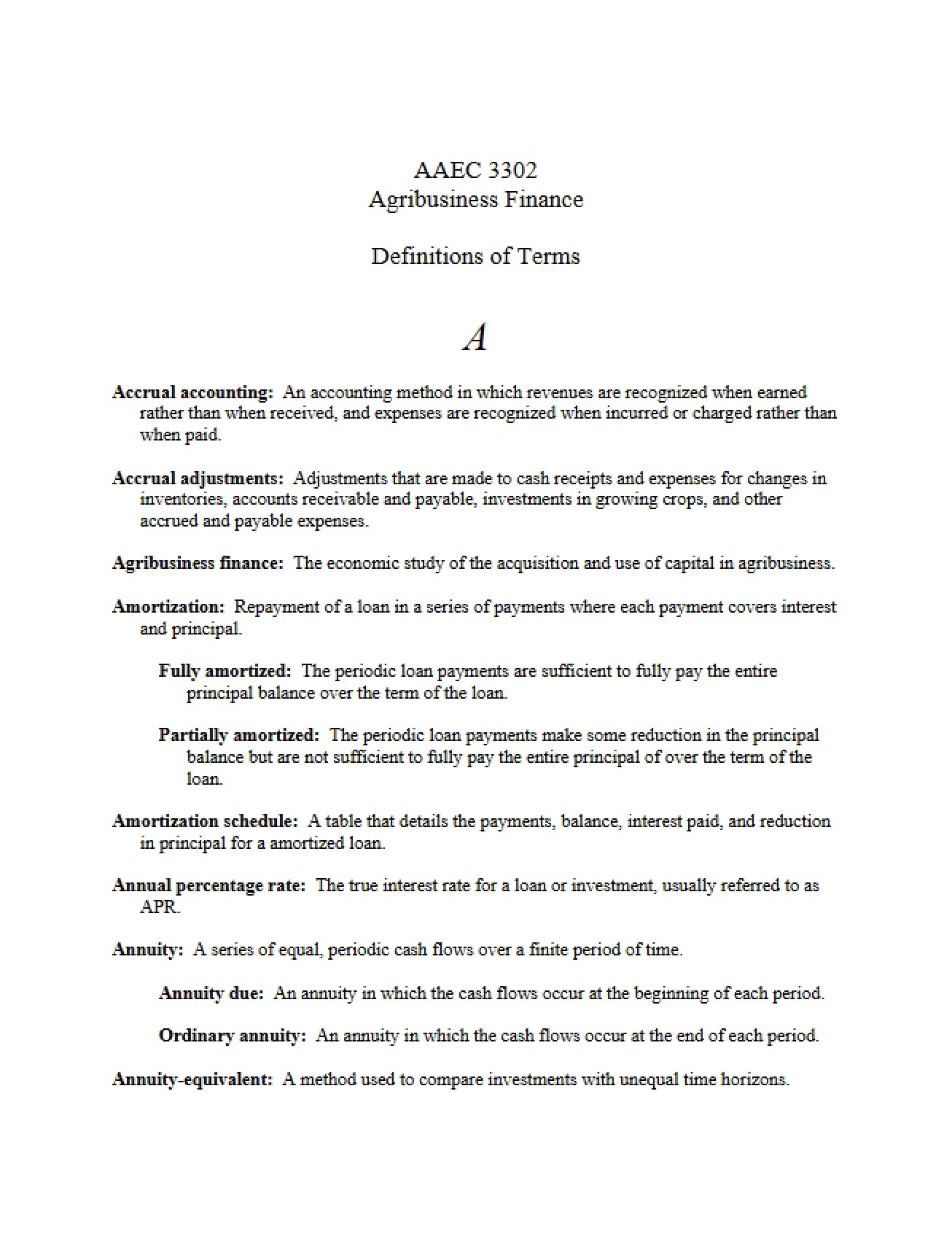 Agribusiness Finance Terms