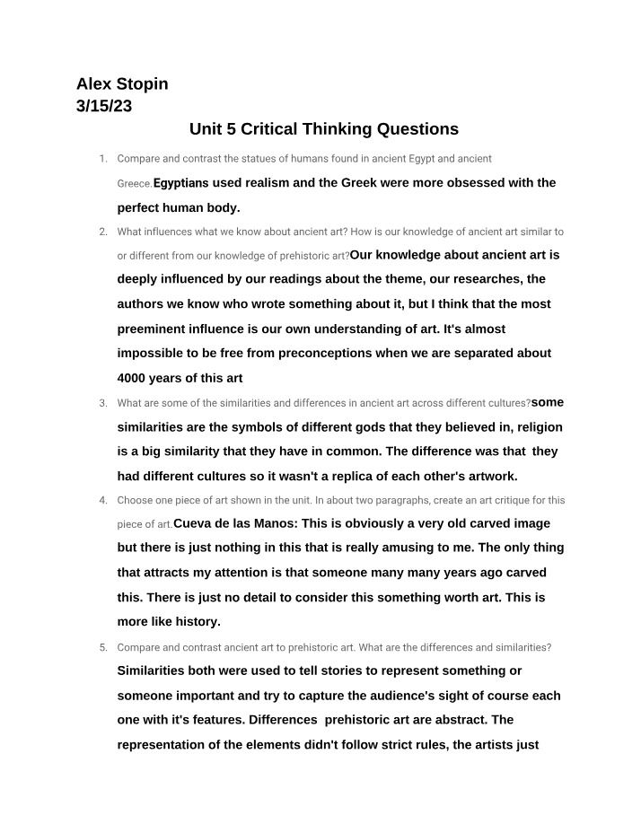 Critical Thinking Questions - Unit 5