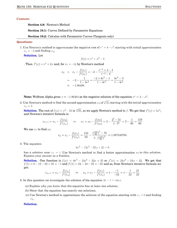 Seminar 12 Questions and Solutions (MATH 150)