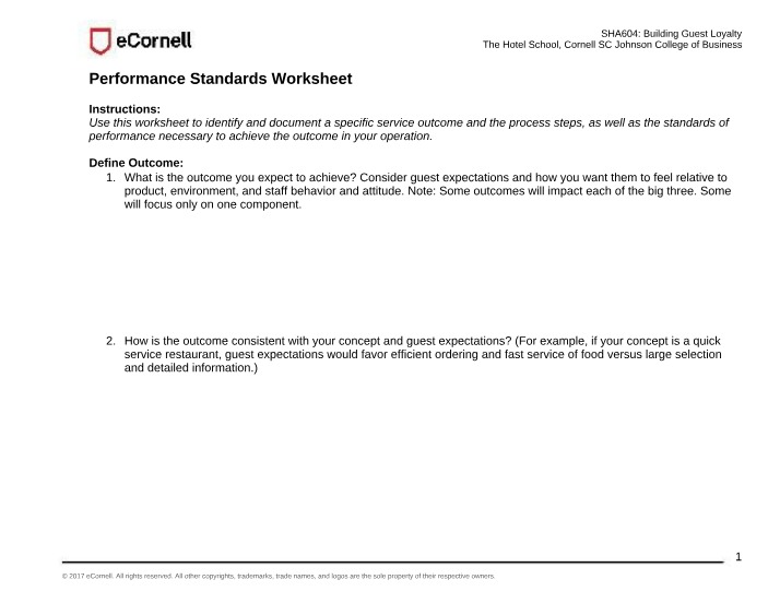 Worksheet - Performance Standards