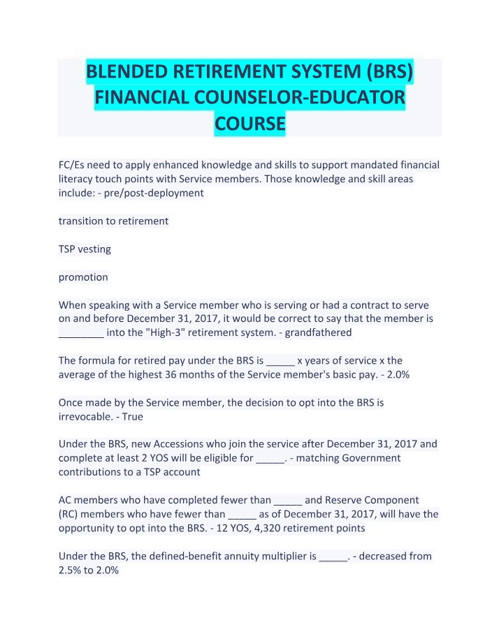 BRS Financial Counselor-Educator Course