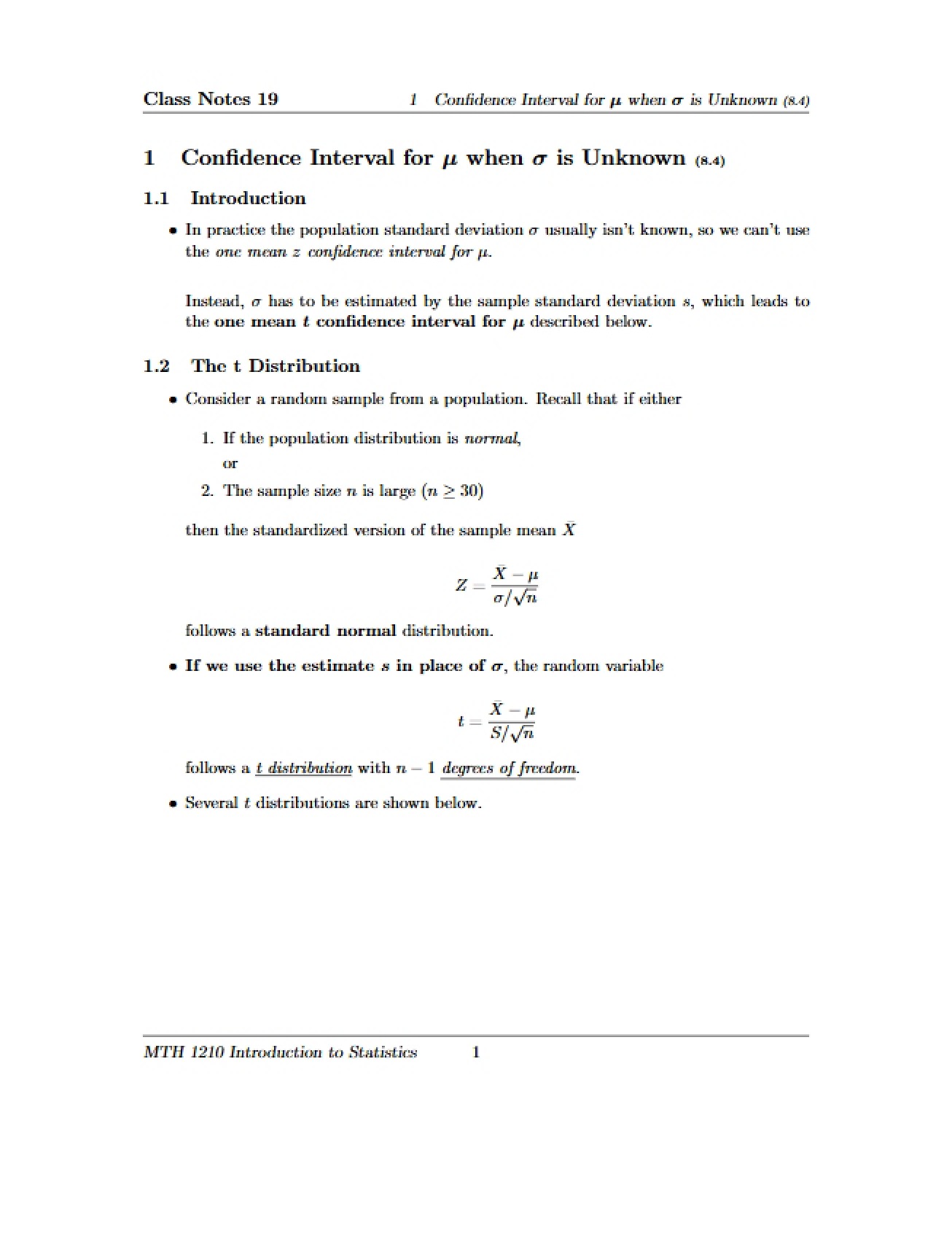 Confidence Interval for Mu (Sigma Unknown)