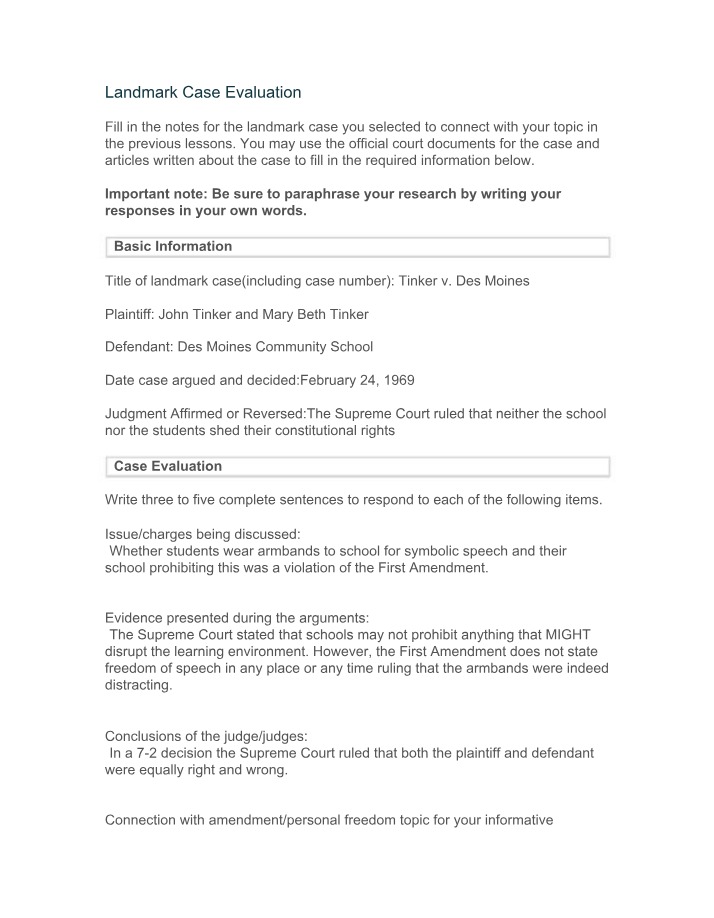 Landmark Case Evaluation - Tinker
