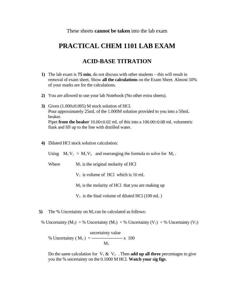 Acid-Base Titration - CHEM 1101 Lab Exam