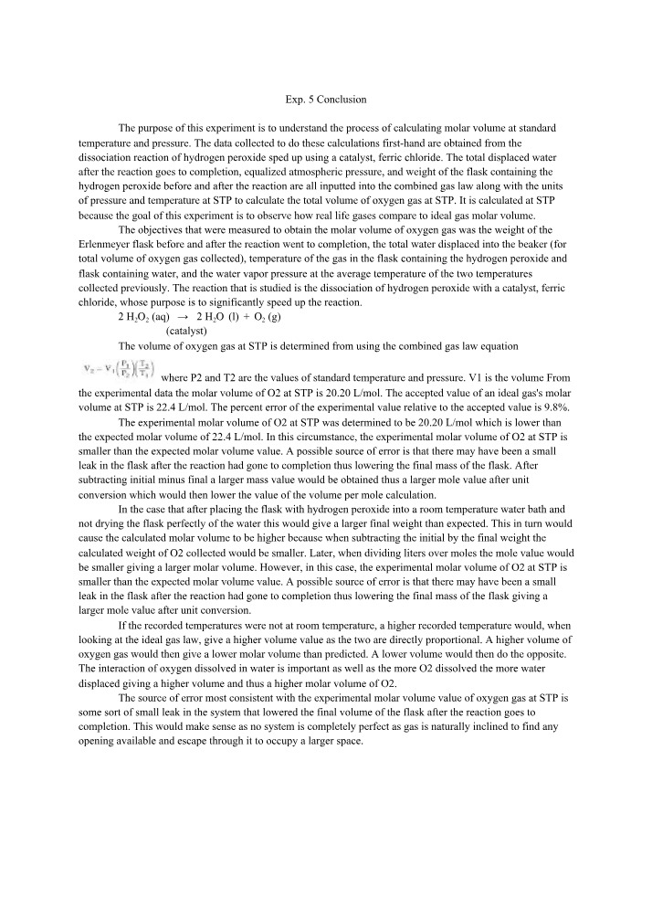 Molar Volume Experiment Results and Analysis