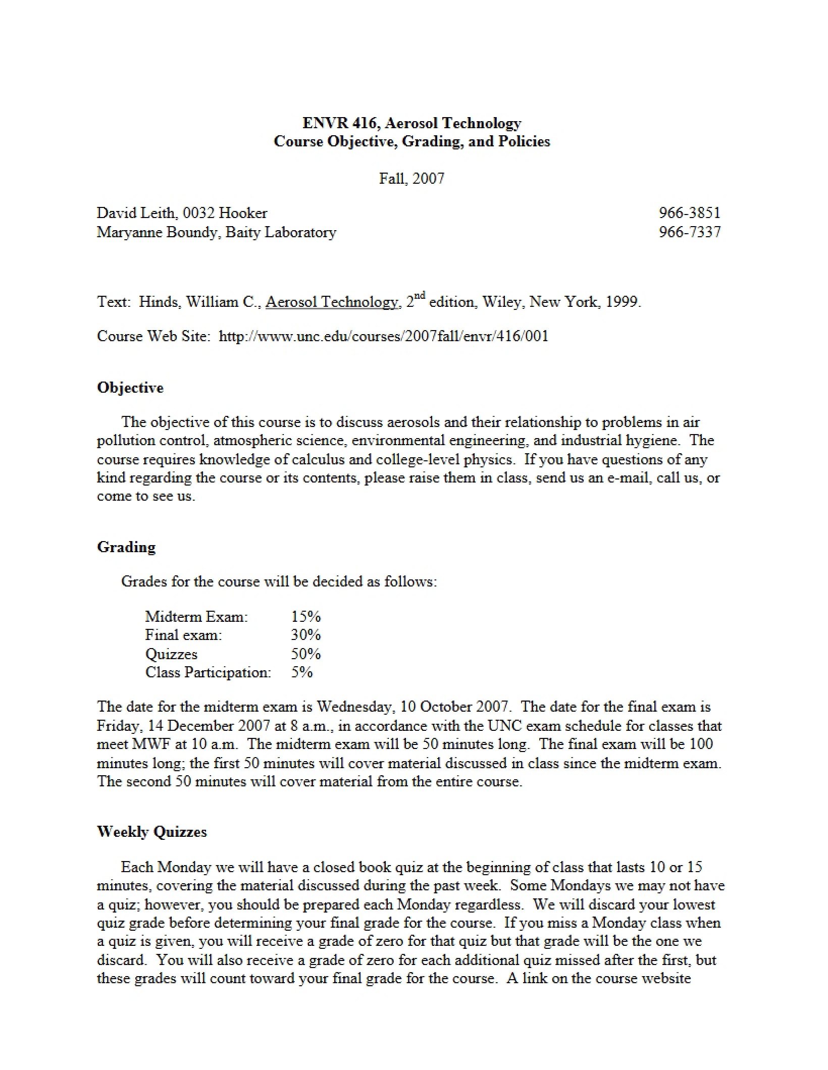 Aerosol Technology Course Outline