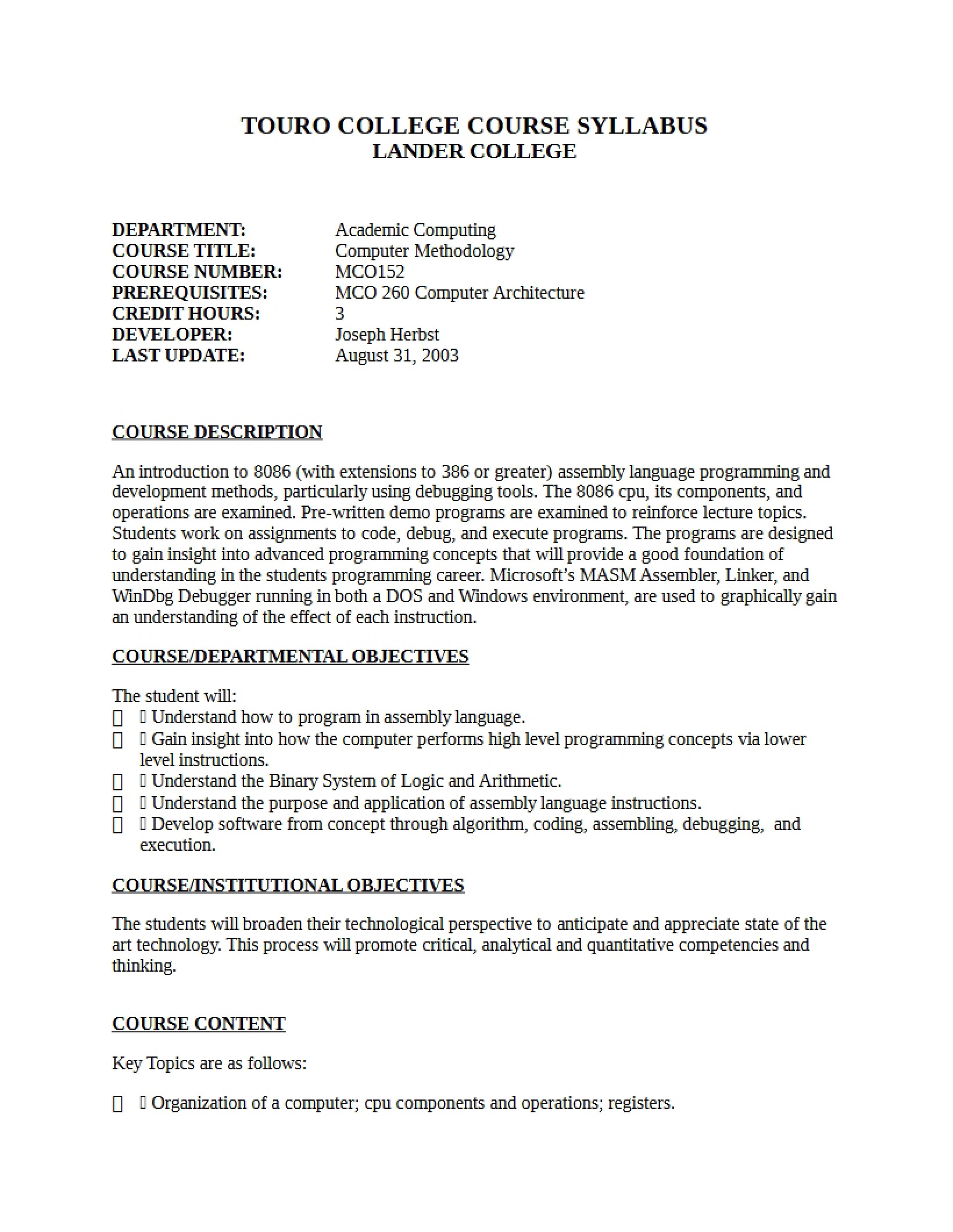 Methodology of Computers Syllabus