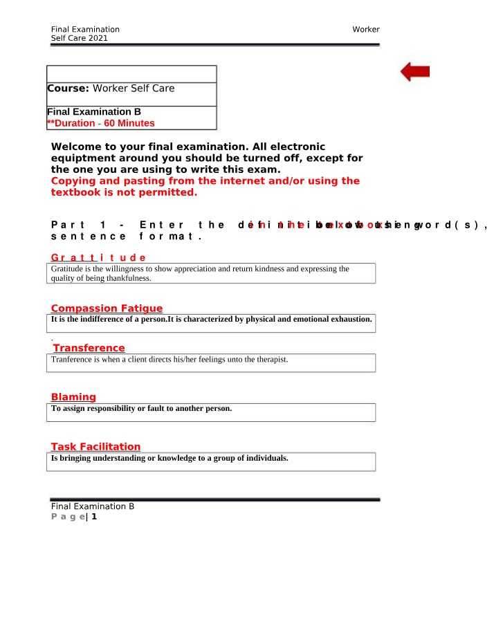 Worker Self Care - Definitions and Final Exam Tips