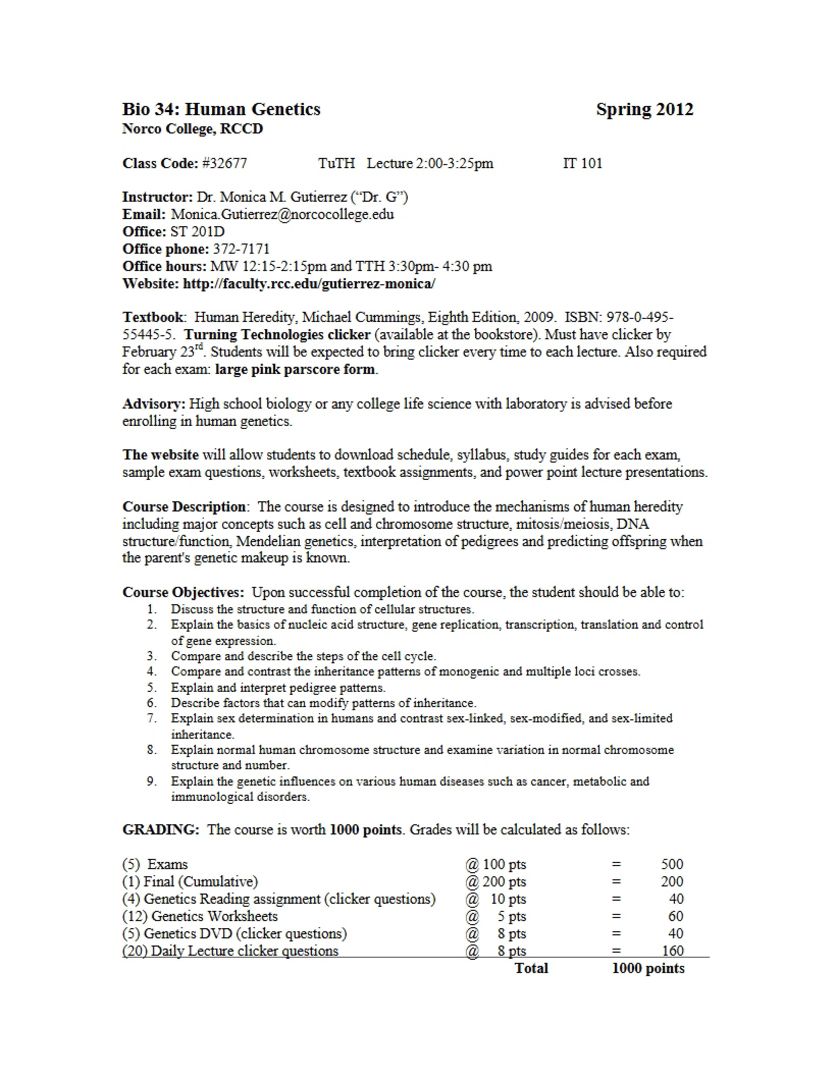 Course Syllabus for Genetics