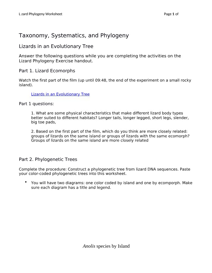 Worksheet on Lizard Phylogeny