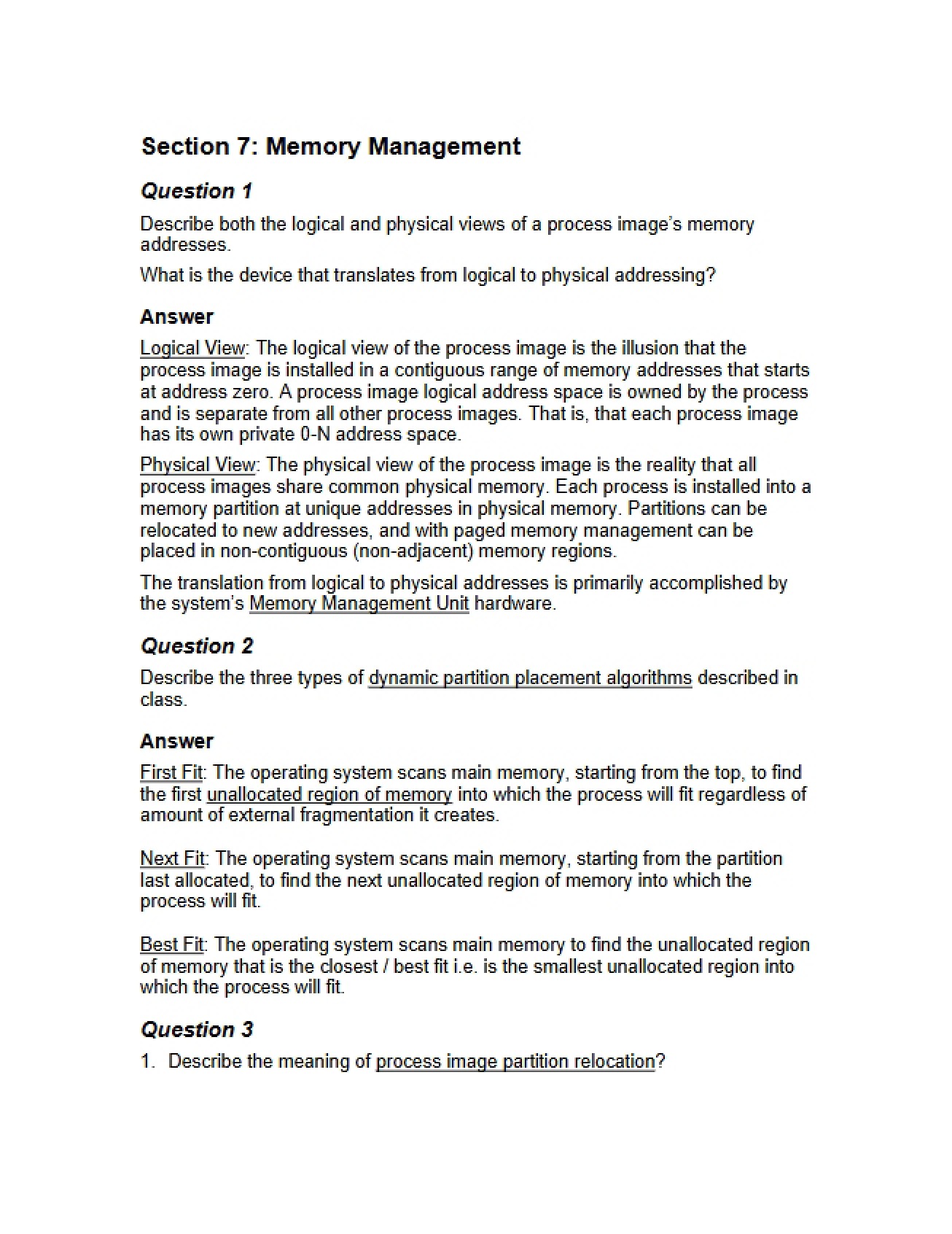 Management of Memory Section 7
