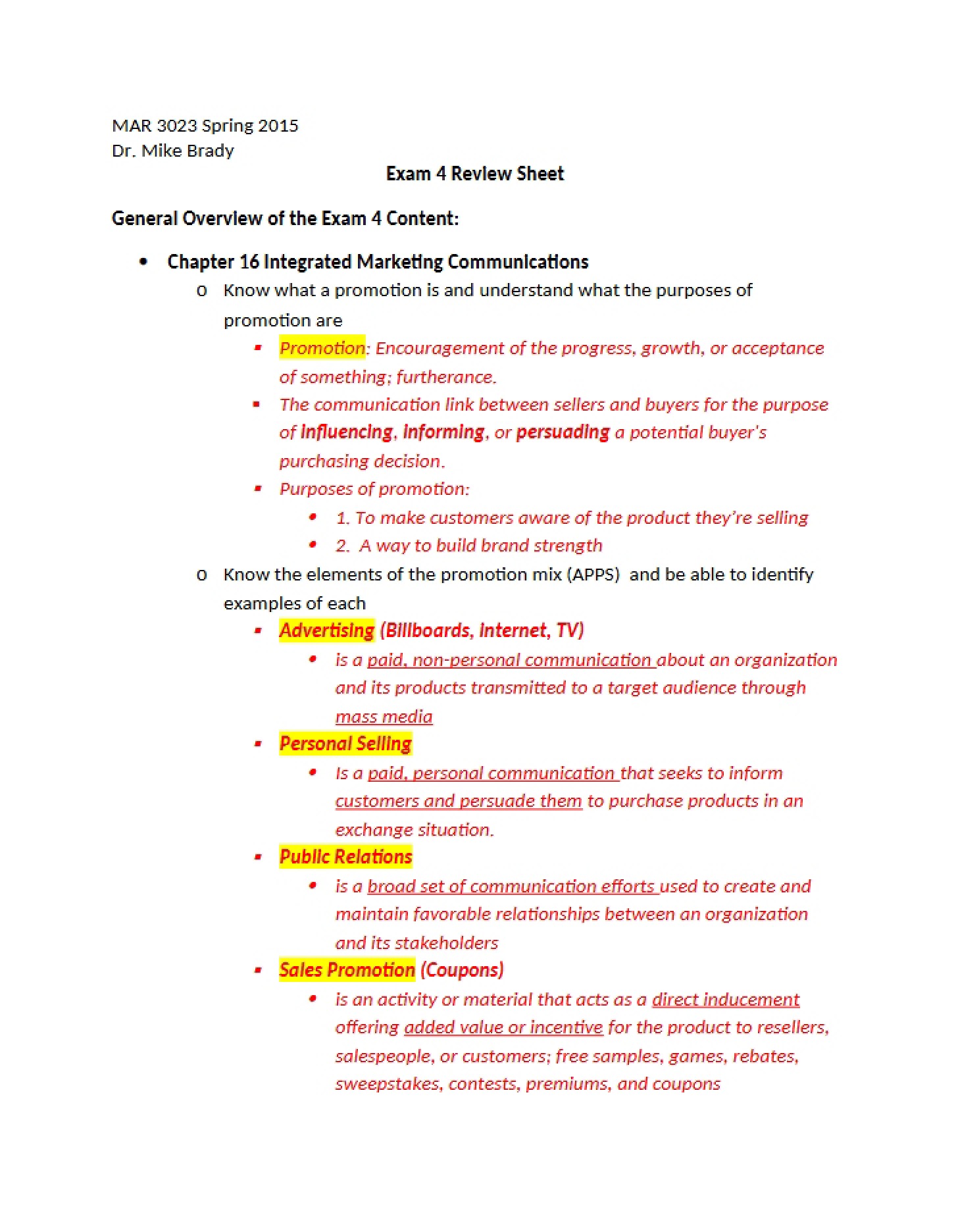 Sheet for Exam 4 Review