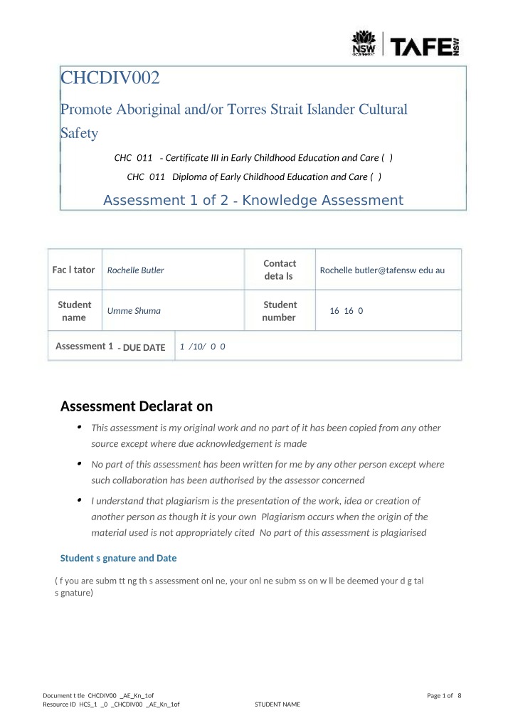 CHCDIV002 Assessment 1 - Knowledge Assessment