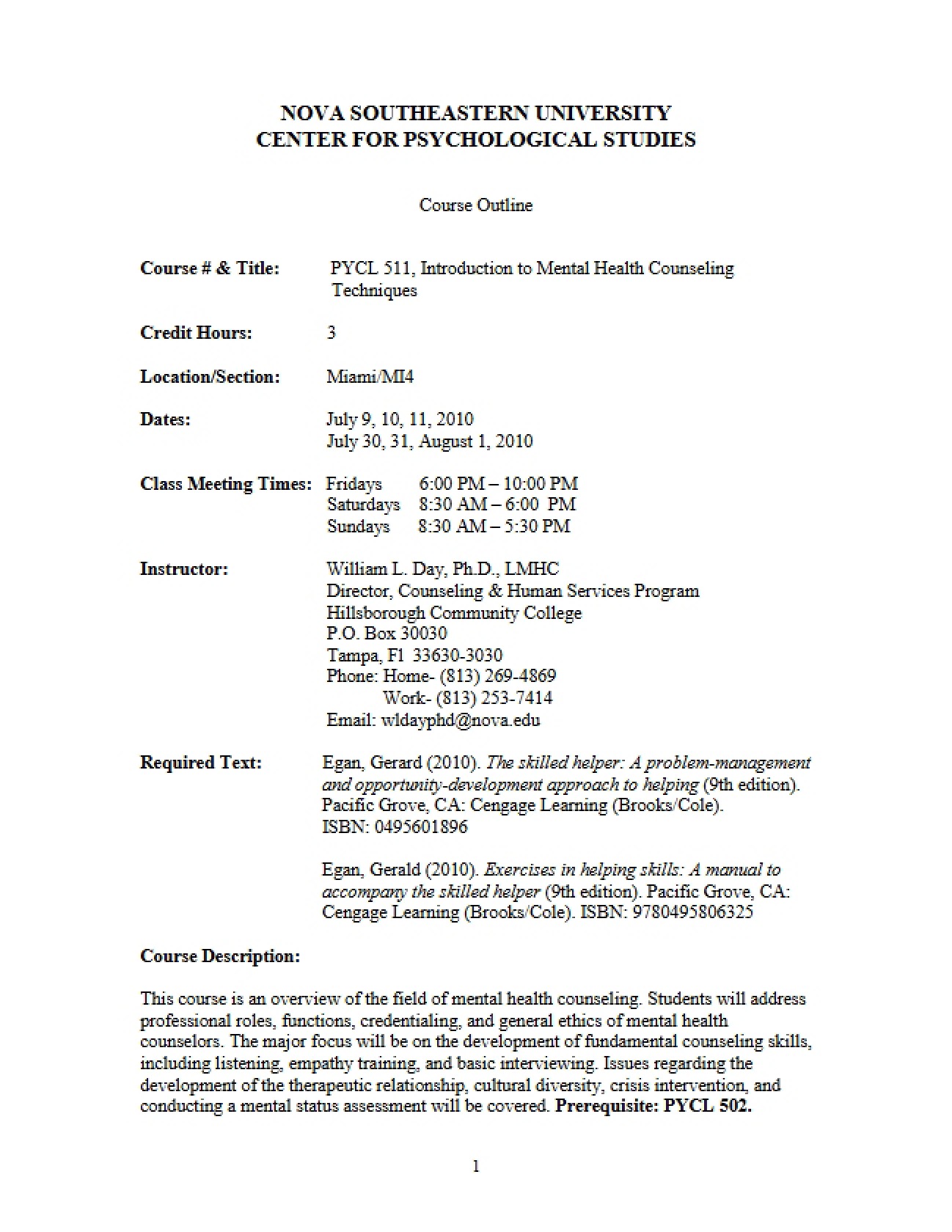 Course Outline: Mental Health Counseling Intro