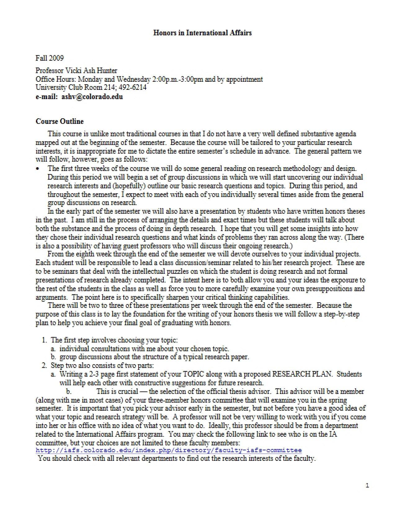 Course Syllabus for Honors Seminar in International Affairs