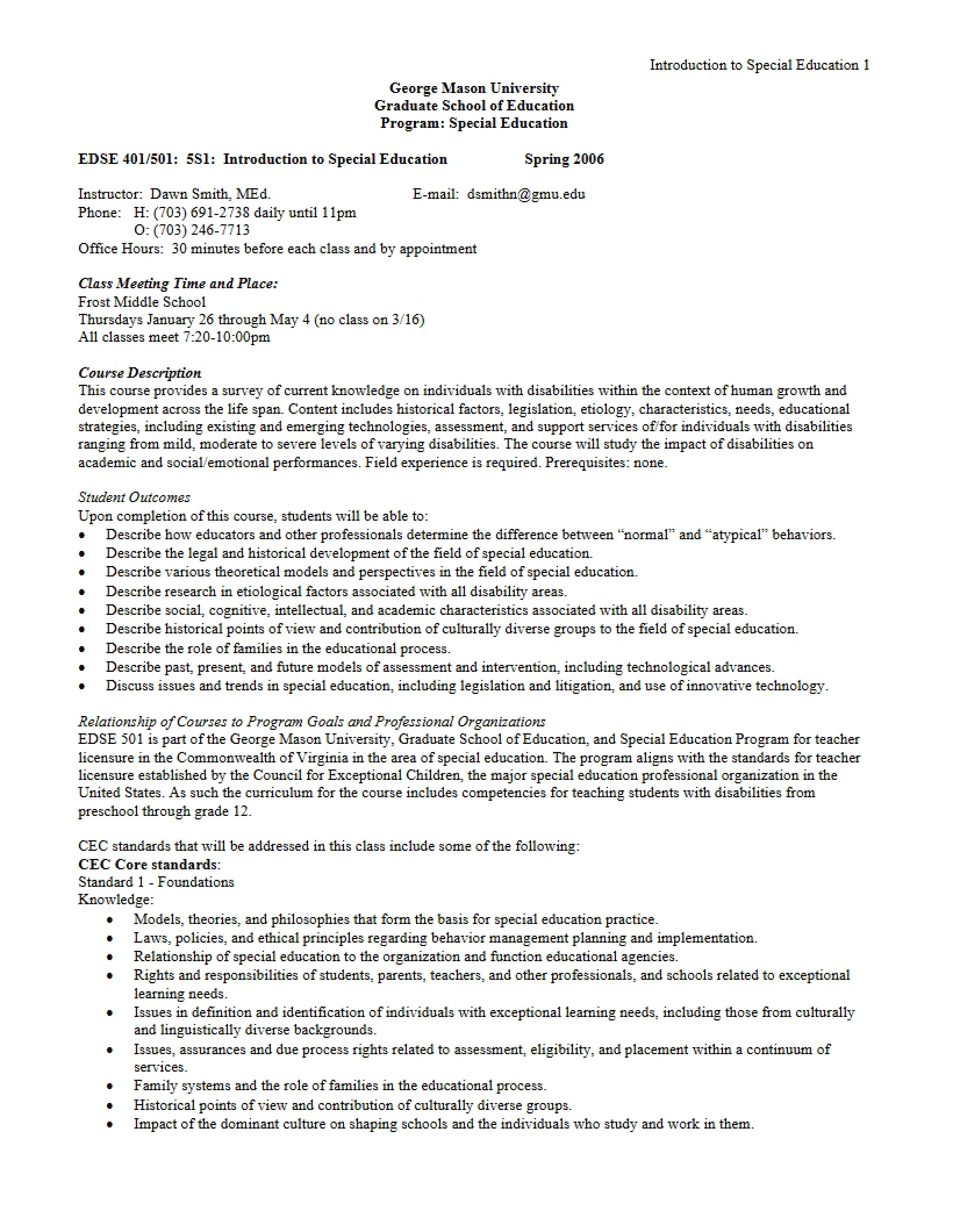 Course Outline Introduction to Special Education