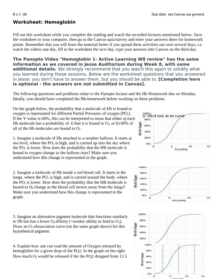 Worksheet on Hemoglobin Oxygen Binding