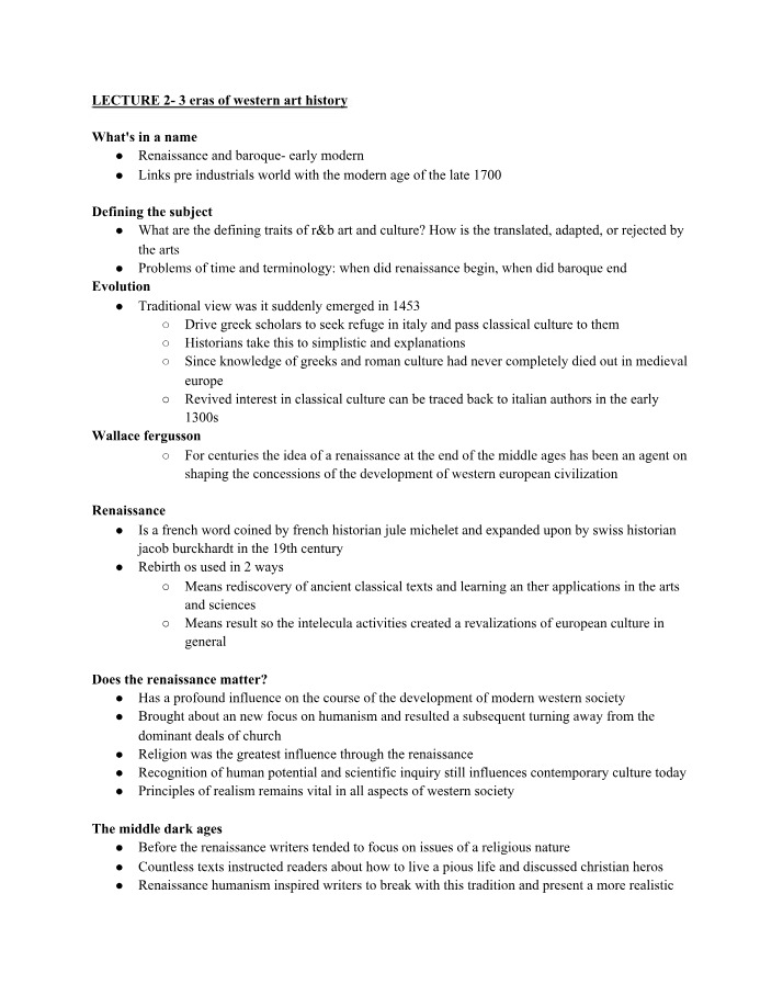 Western Art History - Eras of Lecture 2-3