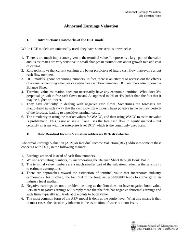 Abnormal Earnings Valuation Notes