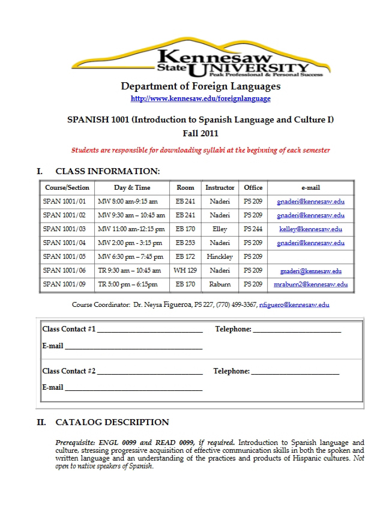 Introduction to Spanish I Course Outline
