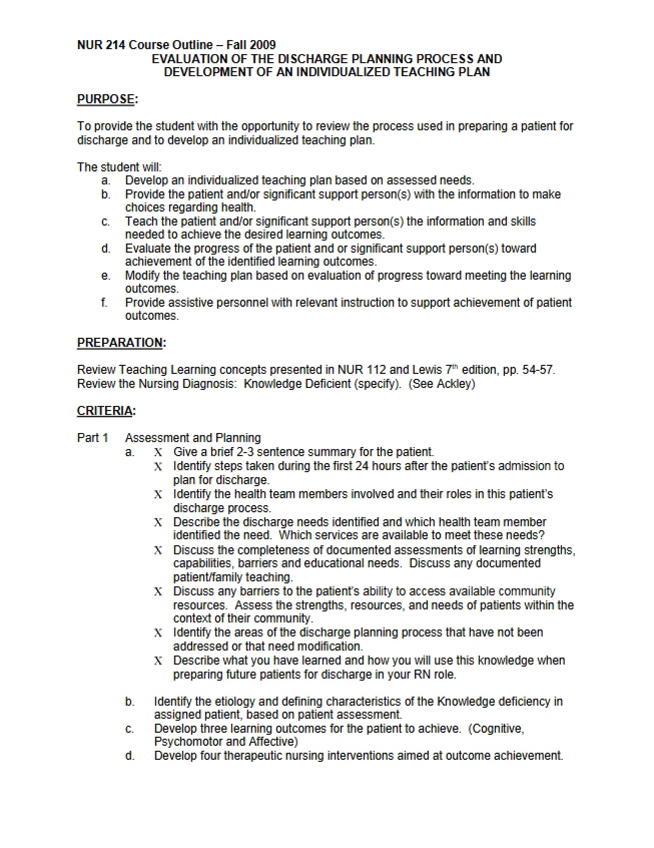 Outline for NUR 214 Course