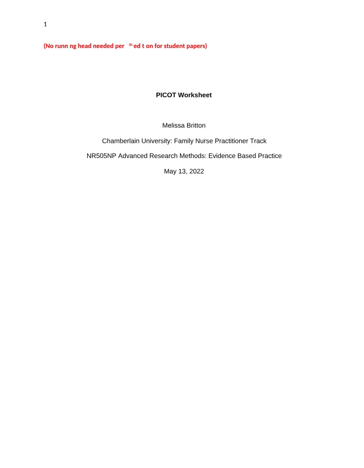 Worksheet for PICOT