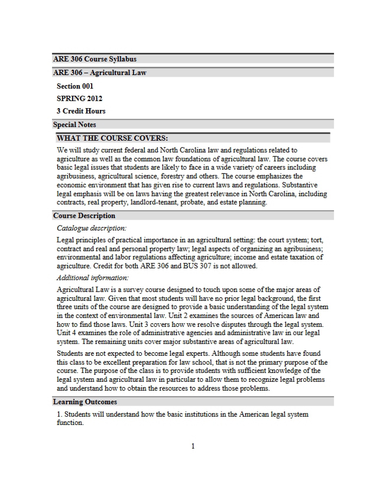 Agricultural Law Course Syllabus