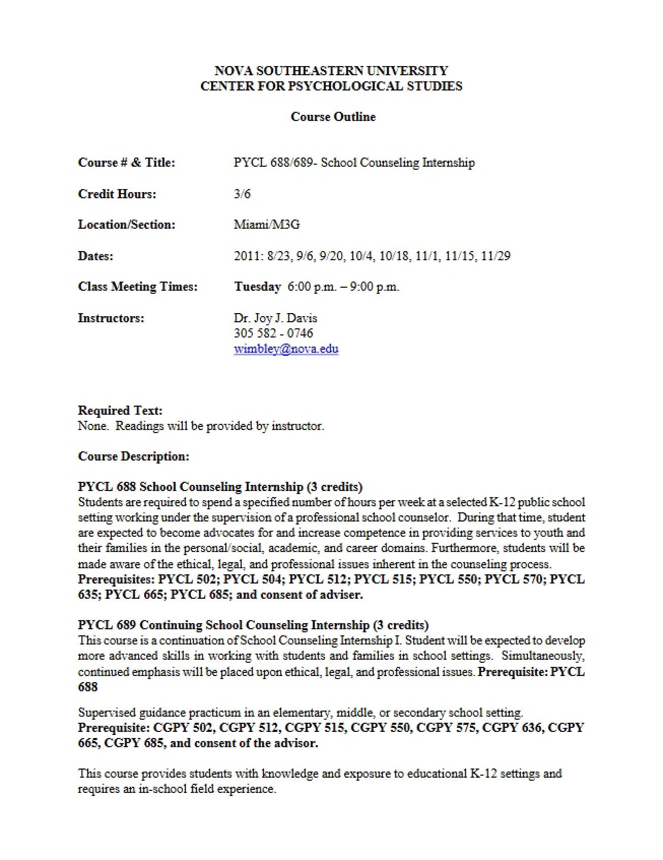 Syllabus School Counseling Internship