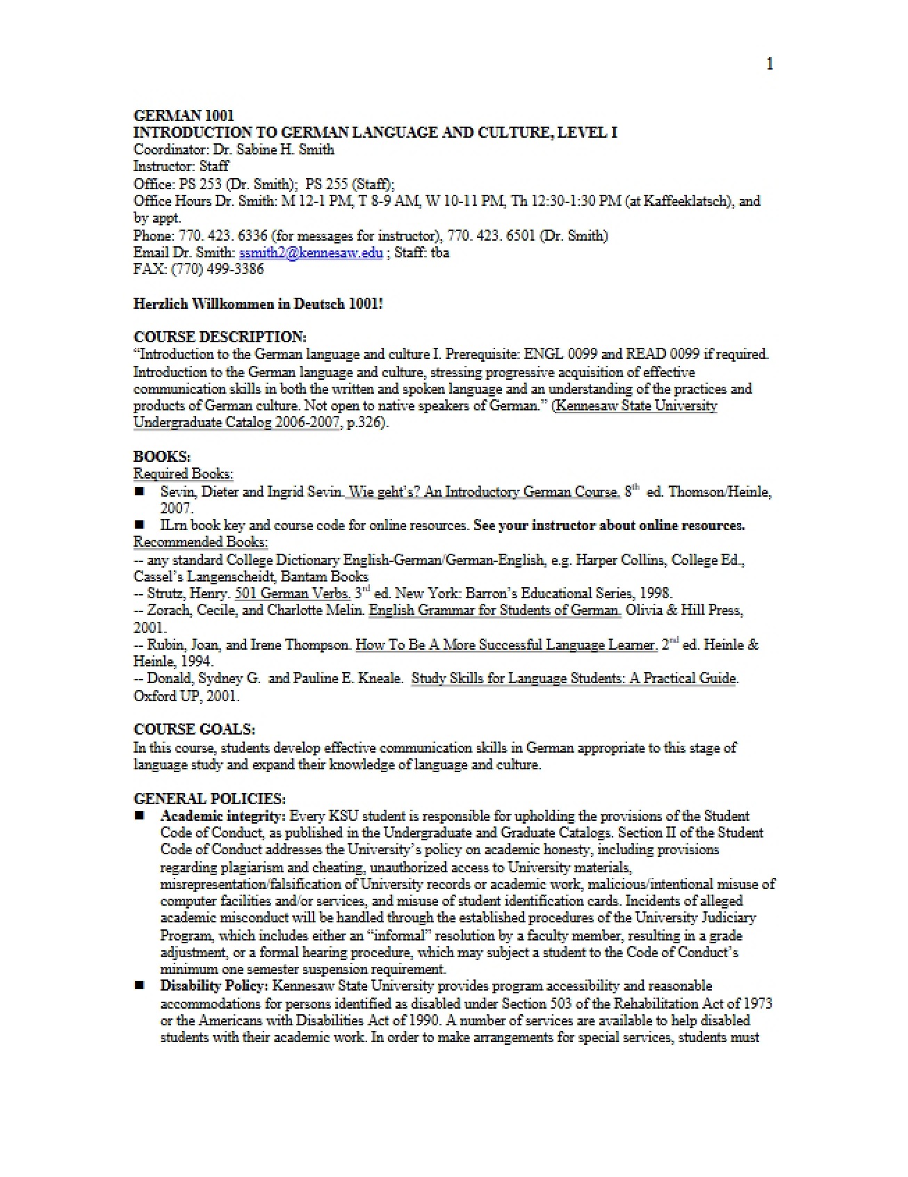 Course Outline for Introduction to German I - GRMN 1001