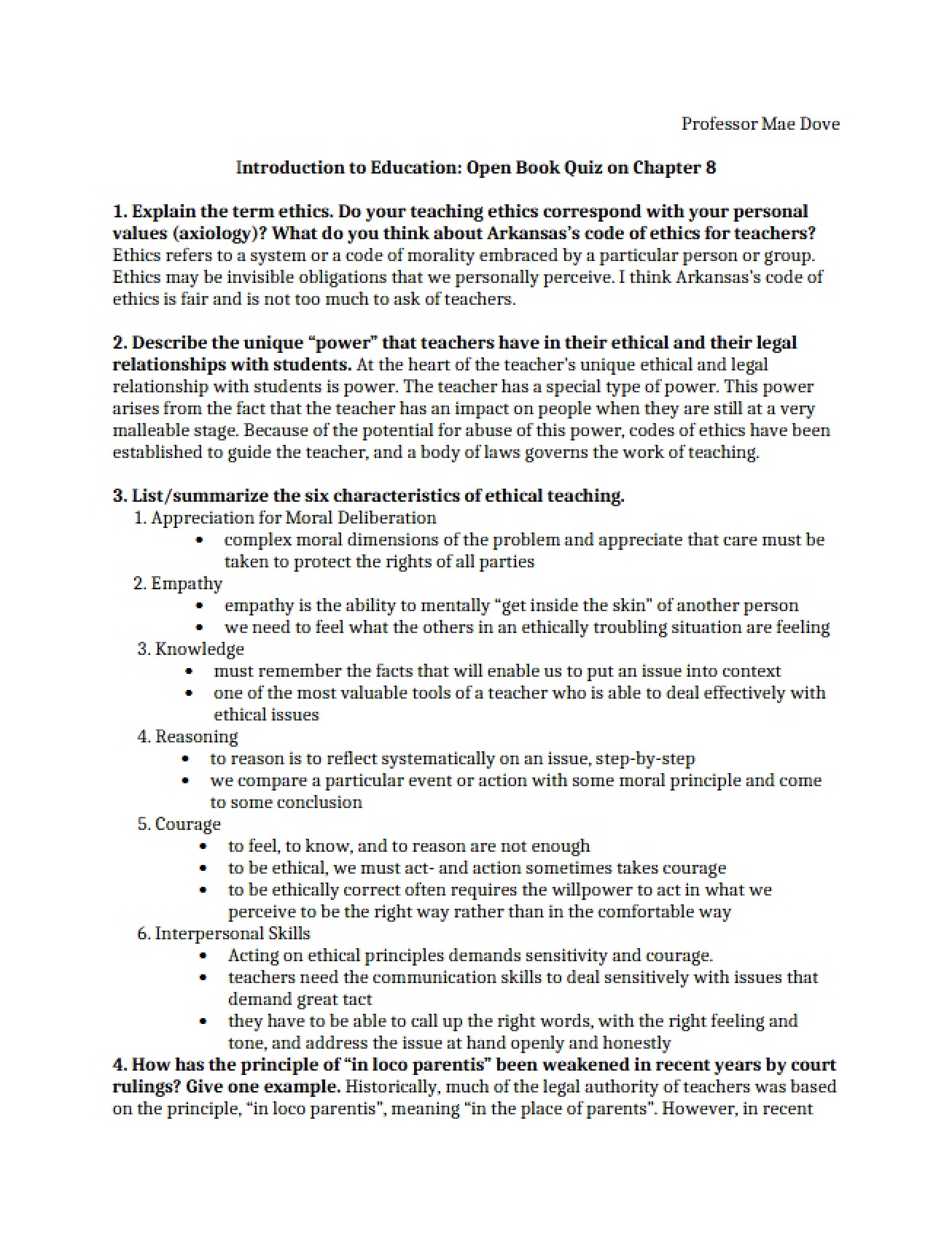 Open Book Quiz on Chapter 8 of Introduction to Education