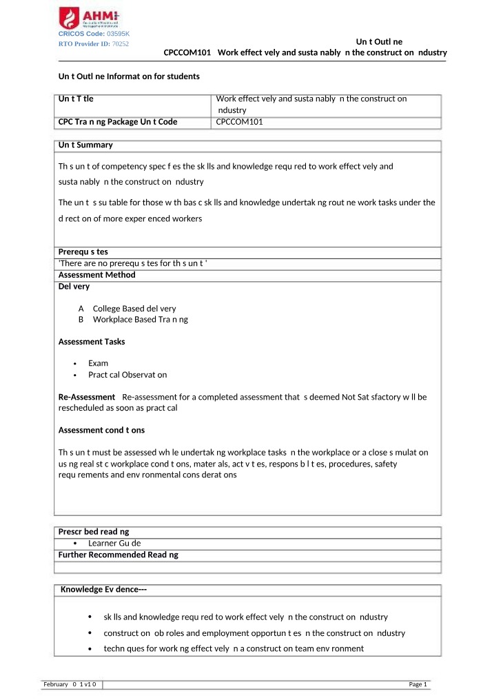 Construction Industry Skills (CPCCOM1012) Unit Outline