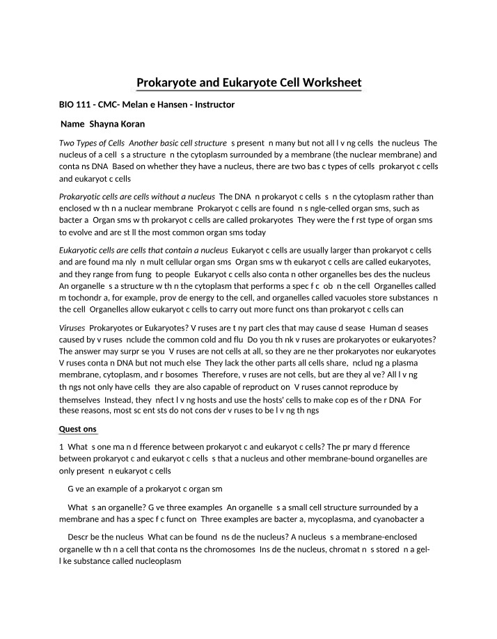Worksheet on Prokaryote and Eukaryote Cells