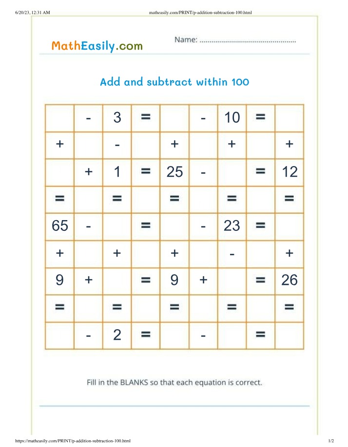 Addition and Subtraction to 100 Worksheet
