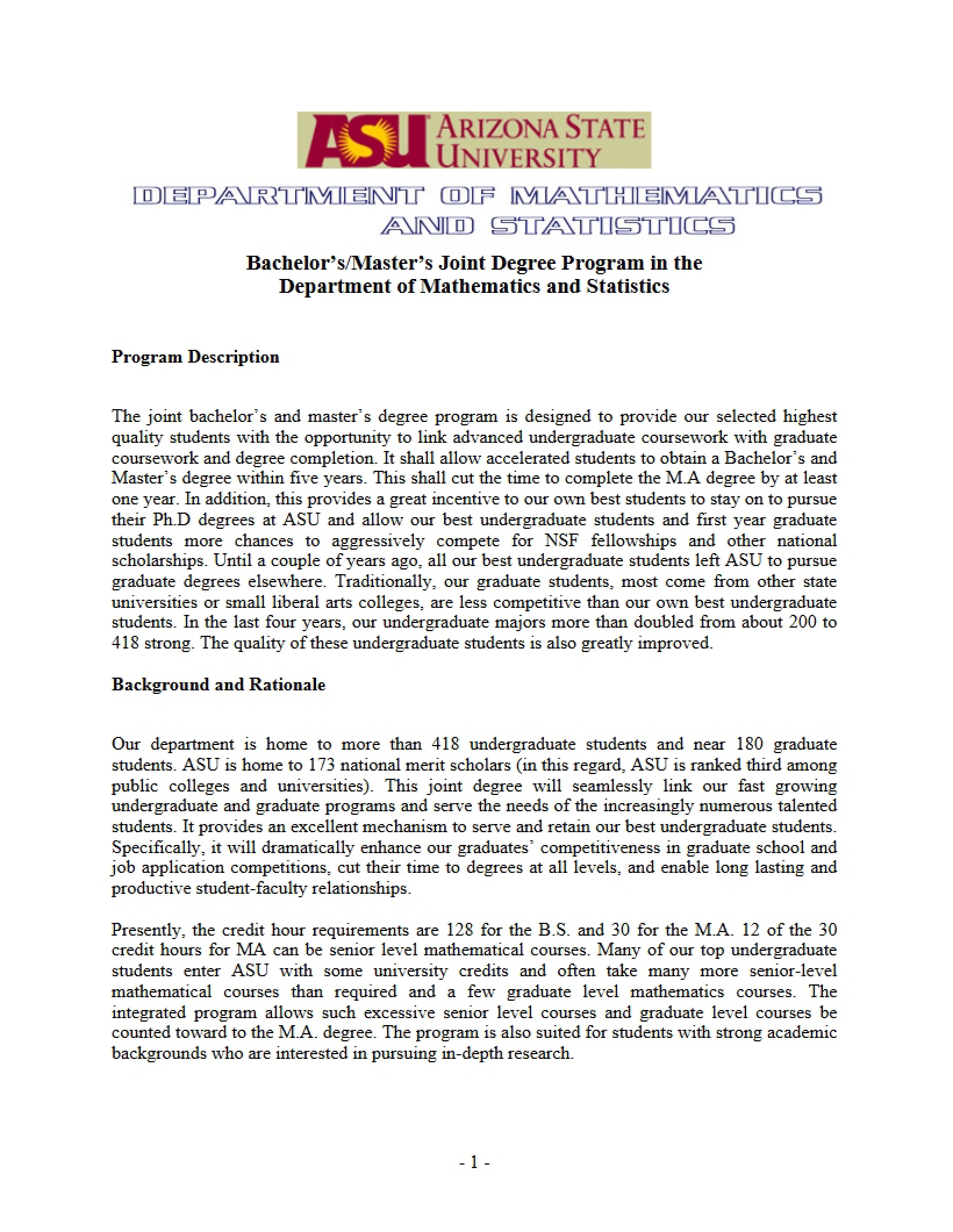 Joint Degree Program Math and Stats Bachelor-Master