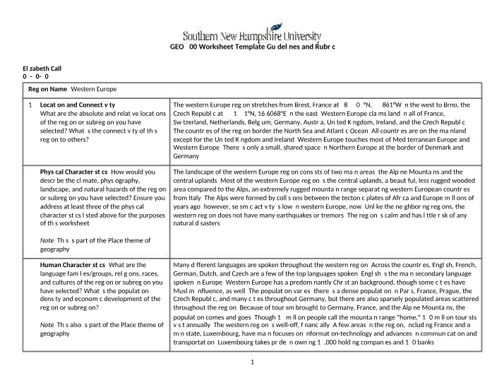 Western Europe Worksheet - Guidelines and Rubric