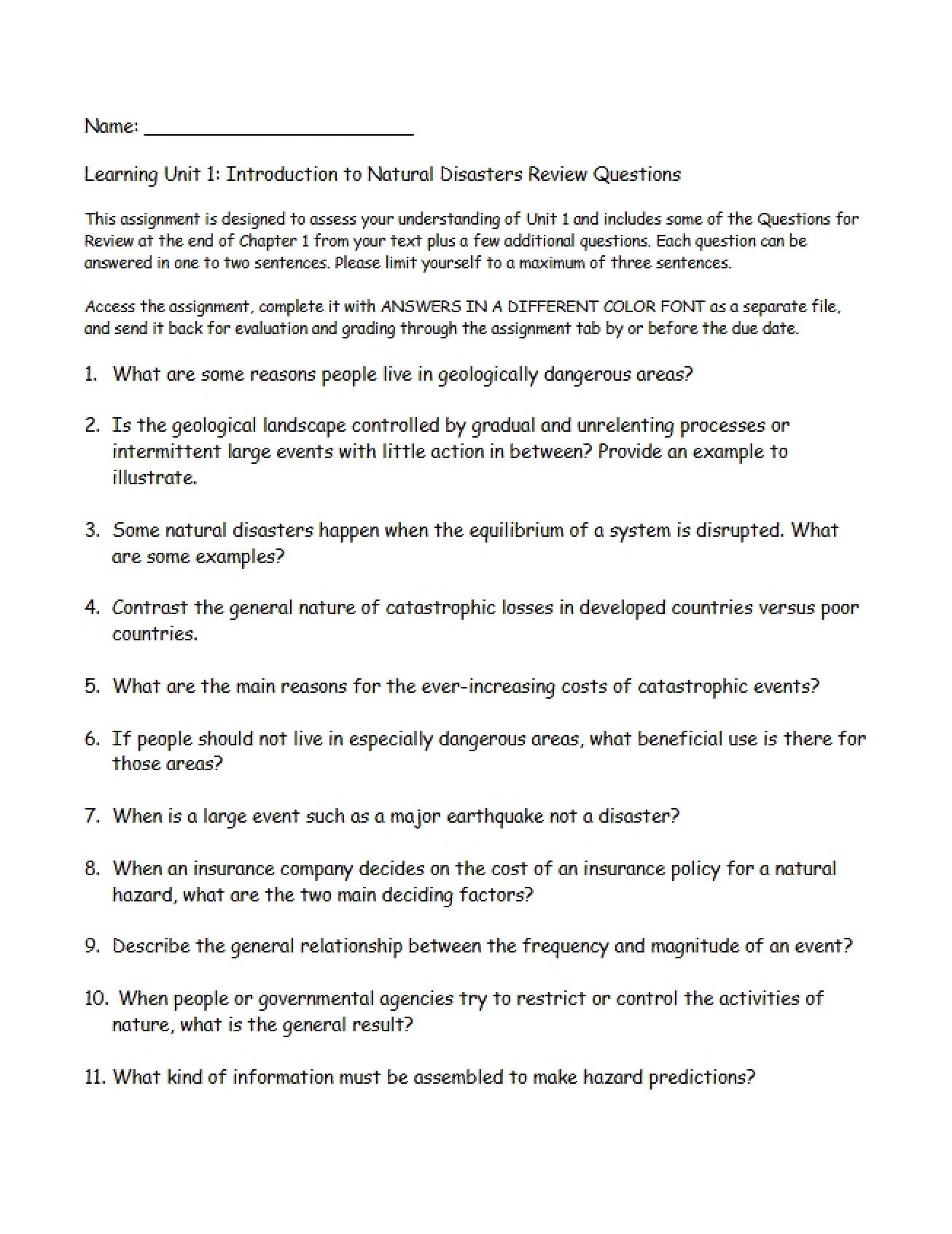 Review Question 2 Intro to Natural Disasters