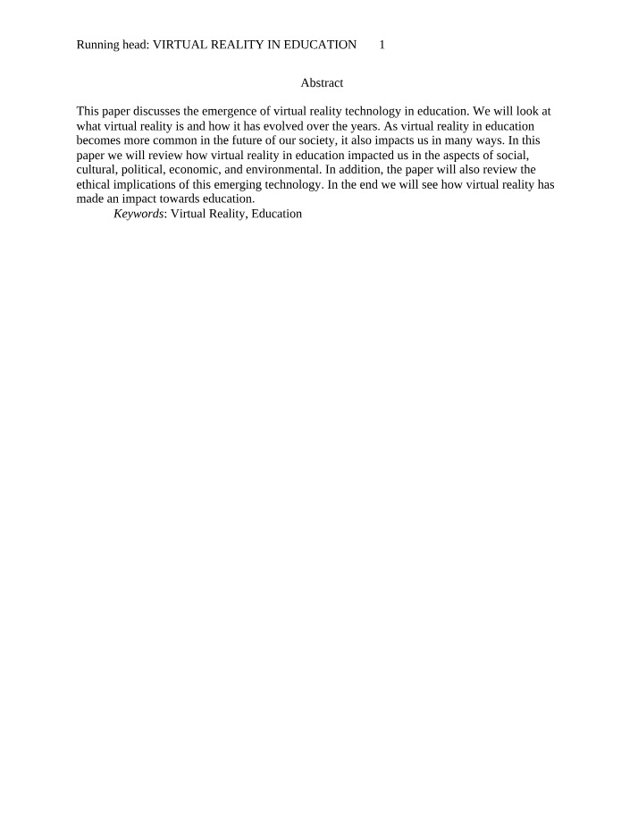 Virtual Reality in Education - Social and Cultural Impact