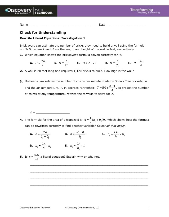 Literal Equations Investigation 1