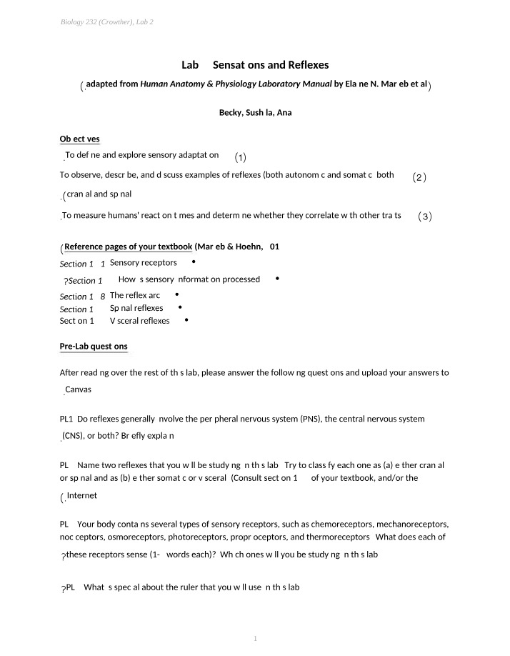 Biology Lab 2 - Sensations and Reflexes