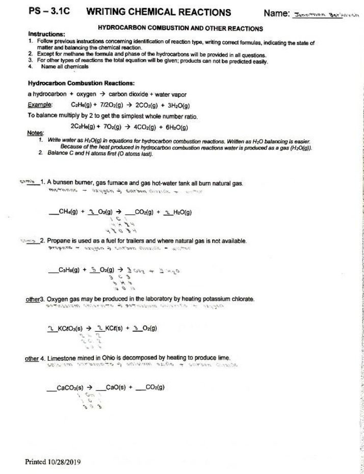 Hydrocarbon Combustion and More - Writing Chemical Reactions